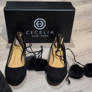 Cecelia New York Black ballet Flats with Tie Up Pom Pom Detail Size 7B
